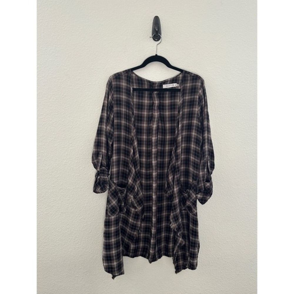 Billy‎ T Brown Plaid Lace Up Back Roll Tab Cardigan Western Coastal Cowgirl M